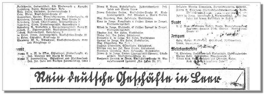 Einer Beilage der ostfriesischen Tageszeitung vom 20. Juli 1935 ist dieser Ausschnitt entnommen. Unter dem Motto "Rein deutsche Geschäfte in Leer" werden unter dem Druck der Nationalsozialisten die jüdischen Geschäfte in Ostfriesland aufgeführt, unten rechts auch die Familien aus Westrhauderfehn.