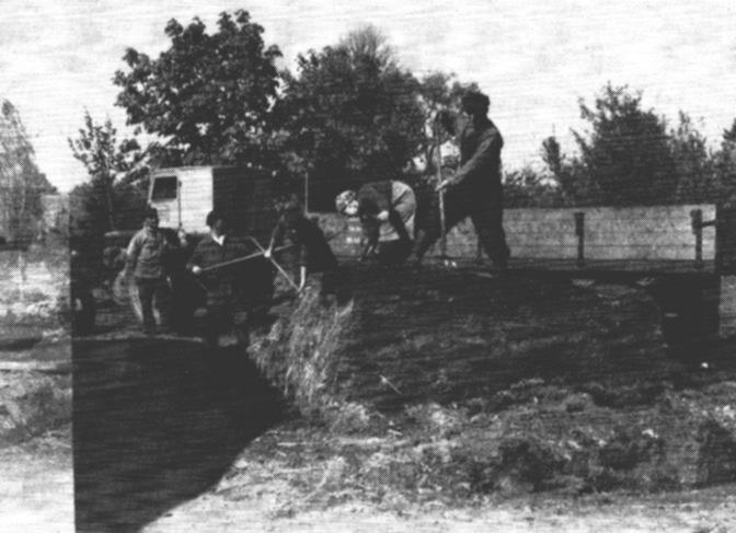 Mistfahren 1949: Links Werner Ebelt, dann Meinhard Meyer, unbekannt, Auguste Meyer und Hans Otto Scheer. "De ganze Dag bit Abend heet steiht in`t Busruntje he un sweet."