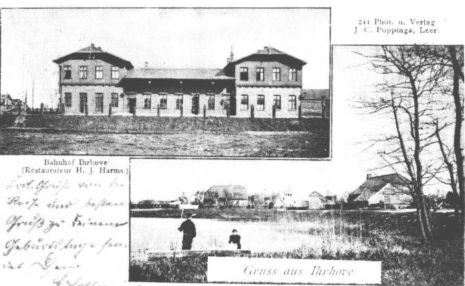 Dieser prachtvolle Bahnhof Jhrhove brannte im Juli 1924 ab. Das Foto zeigt uns die Oldenburger Seite. Hinter dem Hollandgleis waren gleich wieder Wiesen und Weiden zu sehen. Die Geburtstagsansichtskarte ist mit einem Bahnpoststempel "Warburg - Emden" vom 5. Mrz 1903 versehen. Sie wurde noch am selben Tag nachmittags einem Frulein Margarete Binnewies in Osnabrck zugestellt.