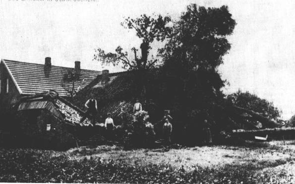 Diese Postkarte fhrt etwas in die Irre. Oben steht "das Unwetter in Ostrhauderfehn", aber es handelt sich um die Gaststtte de Buhr am Deich. Wie seltsam solch ein Wirbel Schden anrichtet, kann jeder gut an dem vllig intakten Dwarshuus erkennen. Rechts die Eichen sind abgedreht worden. Um den Schuppen links wird es sicherlich nicht schade gewesen sein, er htte doch bald erneuert werden mssen.