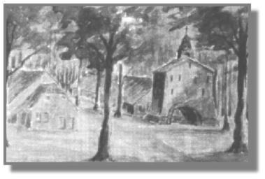 Das ehemalige Kloster Langholt, wie es Hermann Freede nach berlieferten Erzhlungen gemalt hat. Dort, wo heute ein Supermarkt steht, war frher viel Wald. Hier erbauten die Johanniter ihr Kloster am Langholter Tief.