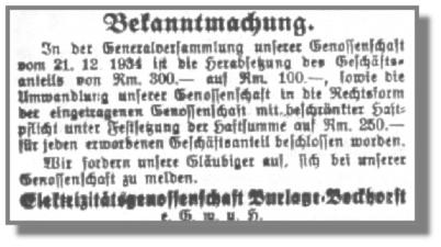 Nach dem 1. Weltkrieg bernahmen Elektrizittsgenossenschaften die privaten Einrichtungen des Fehntjer Mllers. "Viele Kche verderben den Brei", heit es im Volksmund. Auch bei den Genossenschaften wollte jeder mglichst viel zu sagen haben, und so kamen die elektrischen Stromleitungen nur langsam an den Wieken voran.